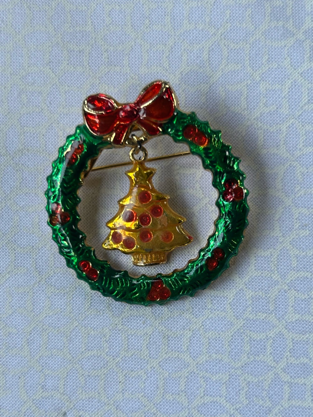 Vintage Green and Gold Christmas Wreath Brooch with Red Accents